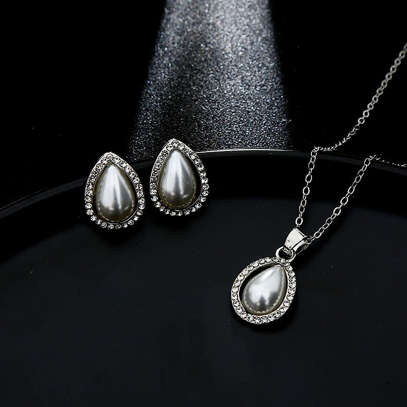 Shiny Jewellery New Fashion Classic Imitation Pearl Earring Necklace Sets Stainless Steel