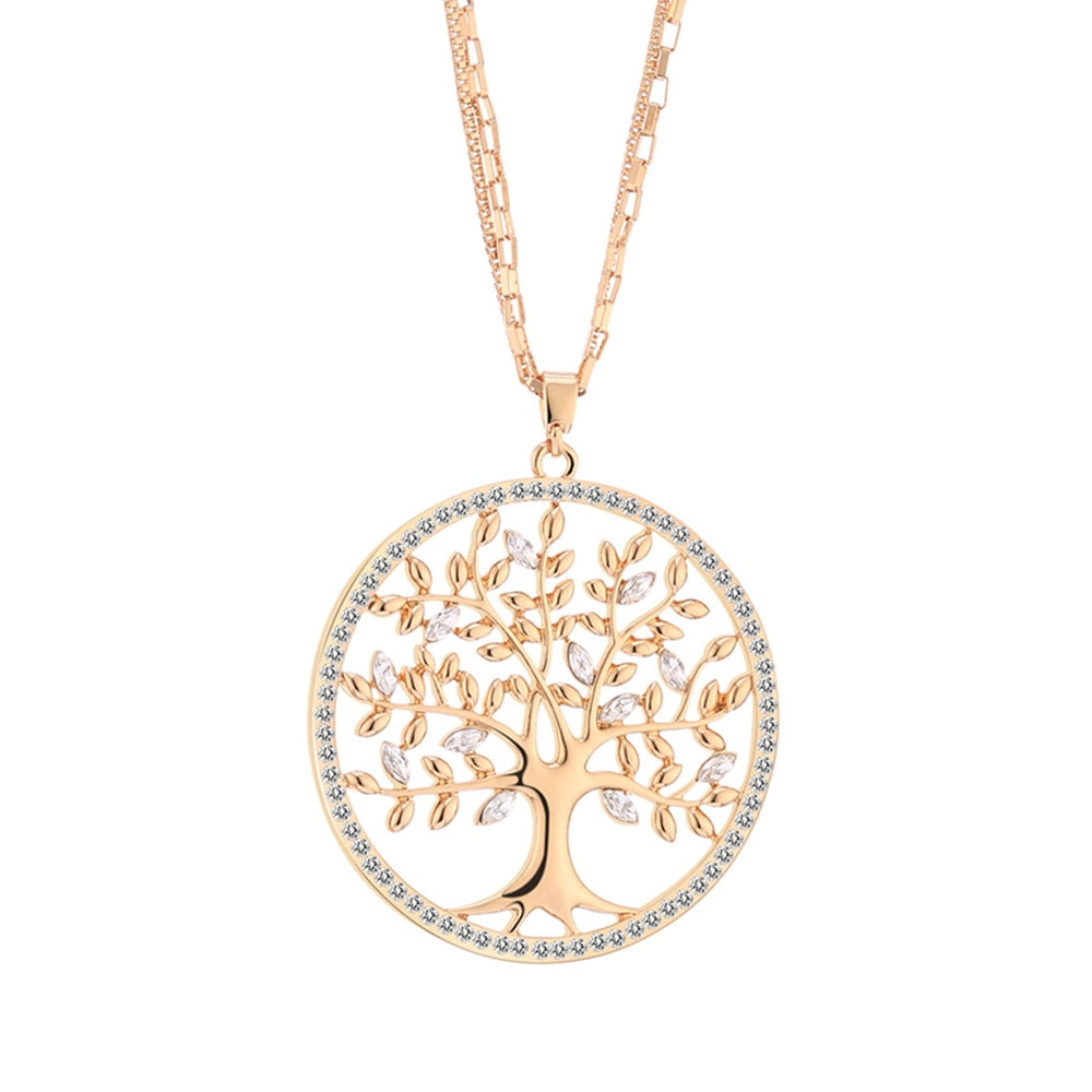 Tree of Life Pendant Necklace Gold Color Round Geometric Double Layer Chain - Vico Rena