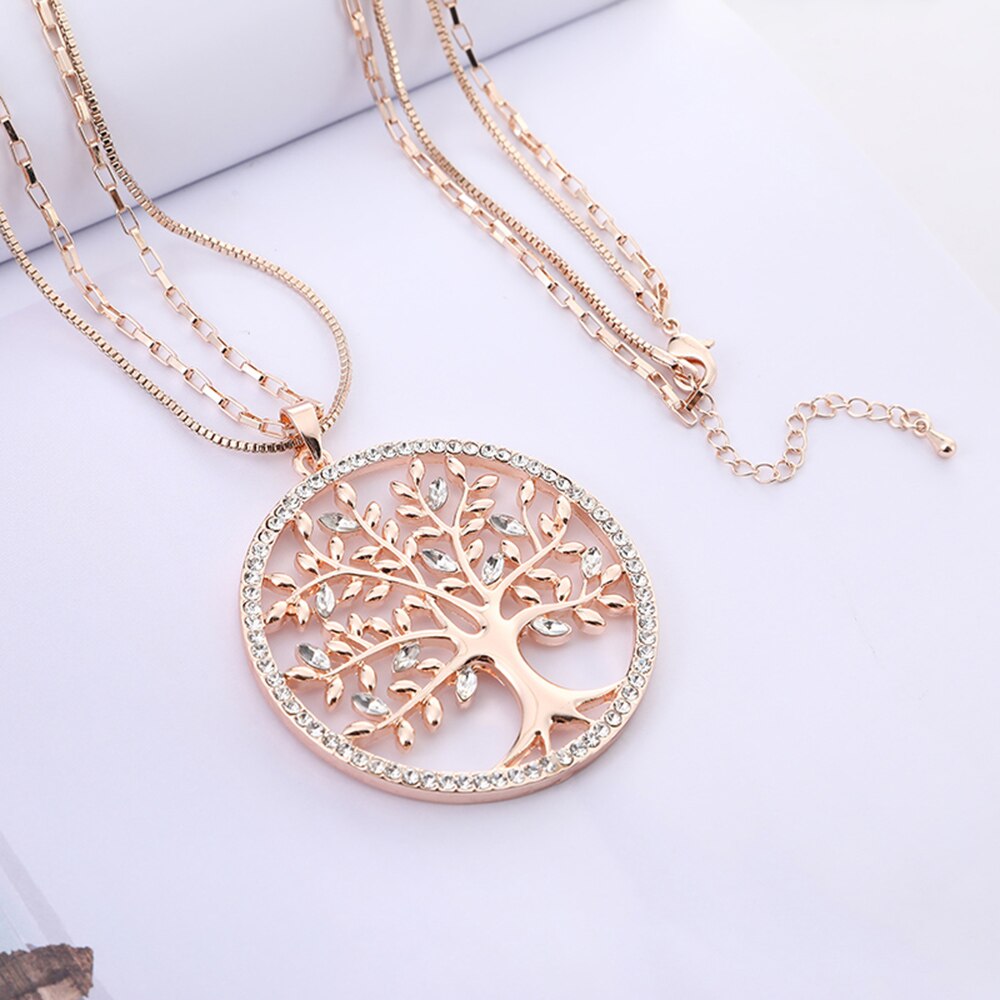 Tree of Life Pendant Necklace Gold Color Round Geometric Double Layer Chain - Vico Rena