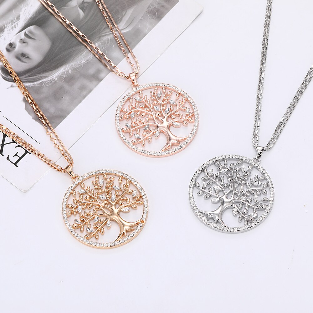 Tree of Life Pendant Necklace Gold Color Round Geometric Double Layer Chain - Vico Rena