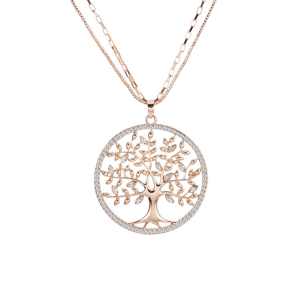 Tree of Life Pendant Necklace Gold Color Round Geometric Double Layer Chain - Vico Rena
