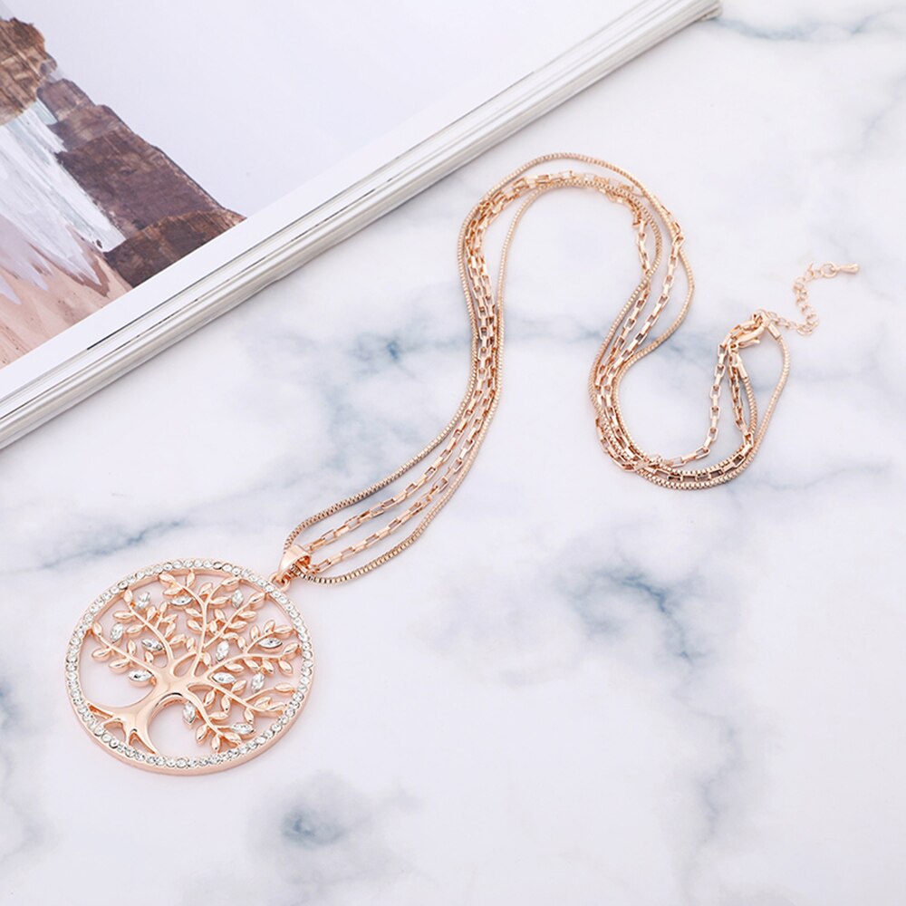 Tree of Life Pendant Necklace Gold Color Round Geometric Double Layer Chain - Vico Rena