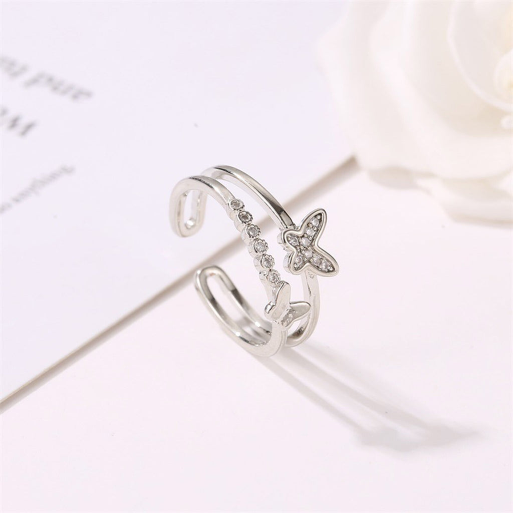 Shiny Jewellery Butterfly Ring Crystal Double Layer Opening Adjustable Ring Jewelry