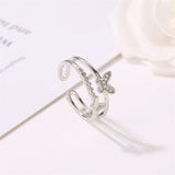 Shiny Jewellery Butterfly Ring Crystal Double Layer Opening Adjustable Ring Jewelry