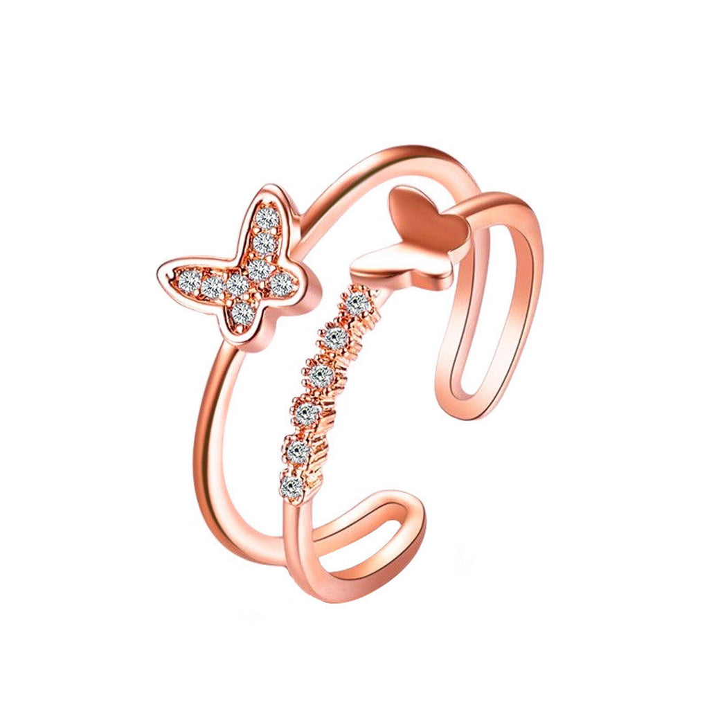 Shiny Jewellery Butterfly Ring Crystal Double Layer Opening Adjustable Ring Jewelry
