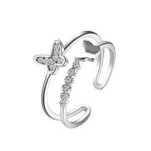 Shiny Jewellery Butterfly Ring Crystal Double Layer Opening Adjustable Ring Jewelry