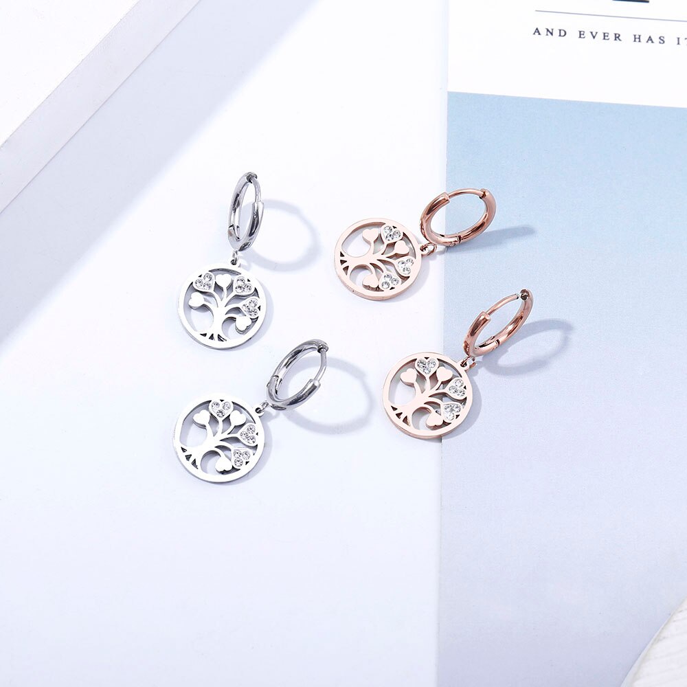 Shiny Jewellery Small Hoop for Women Accessories Tree Of Life Earrings Stainless Steel