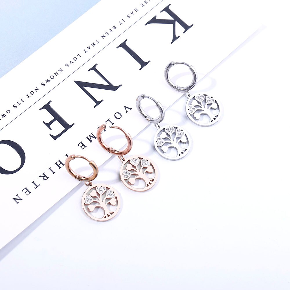 Shiny Jewellery Small Hoop for Women Accessories Tree Of Life Earrings Stainless Steel