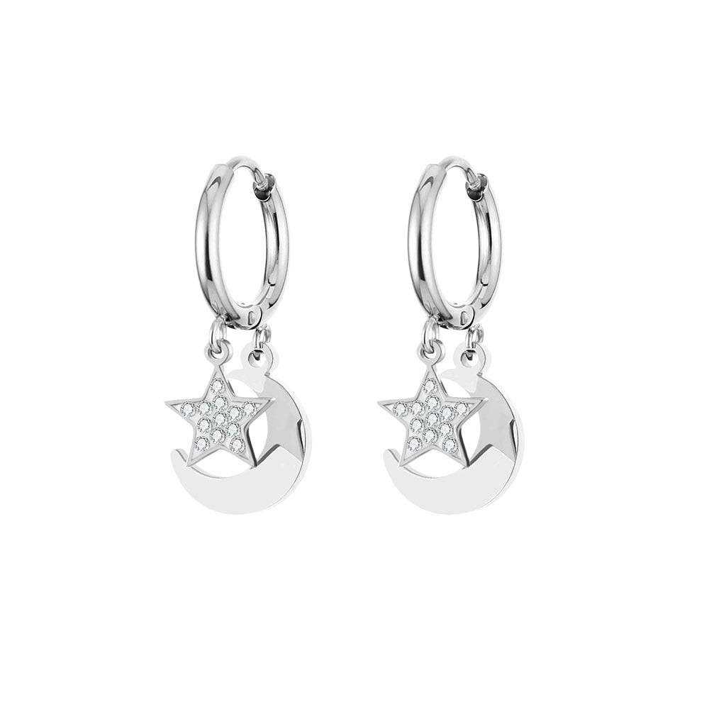 Shiny Jewellery Star Moon Earrings for Women Stainless Steel Small Circle Ear Hoops Earrings
