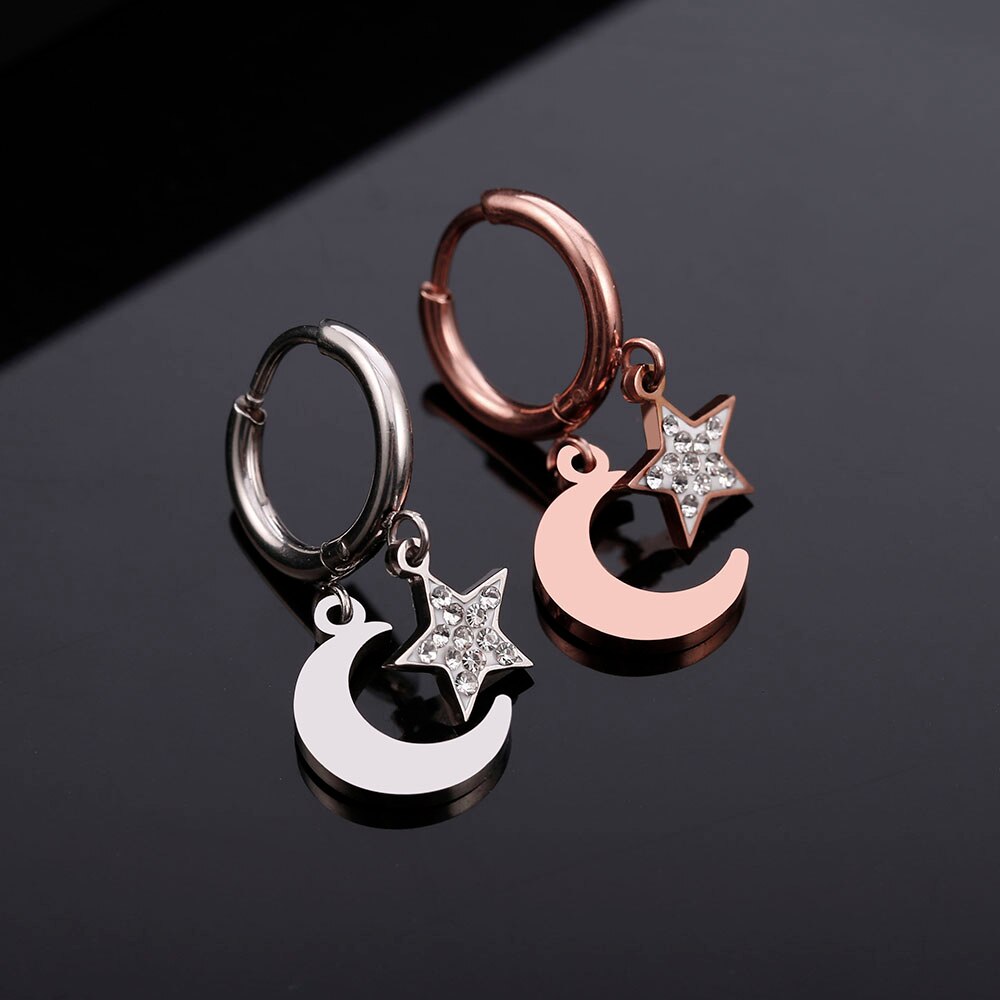 Shiny Jewellery Star Moon Earrings for Women Stainless Steel Small Circle Ear Hoops Earrings