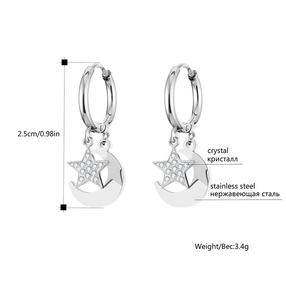 Shiny Jewellery Star Moon Earrings for Women Stainless Steel Small Circle Ear Hoops Earrings