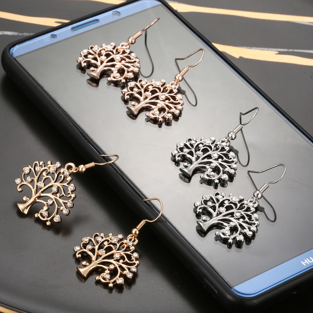 Shiny Jewellery Tree Of Life Earrings Drop for Women Gold Silver Plated Crystal