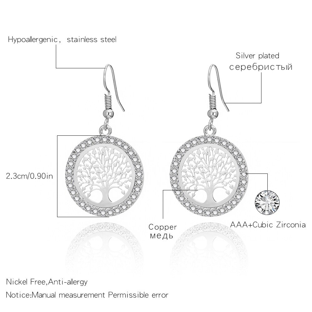 Shiny Jewellery Tree Of Life Earrings For Women Gift Crystal Round Drop Earring Copper