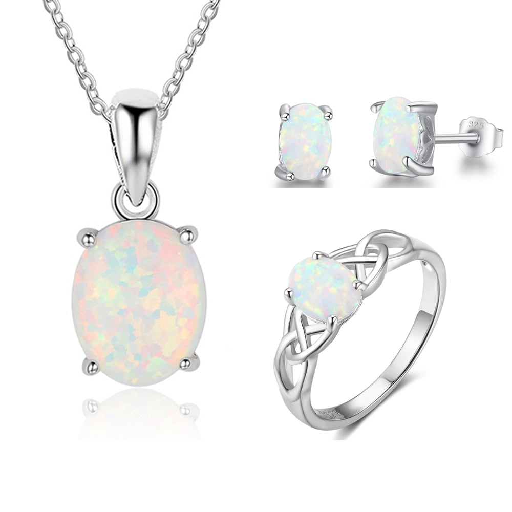 Shiny Jewellery Women's Opal Jewelry Pendant Earrings Ring Necklace Sets Crystal