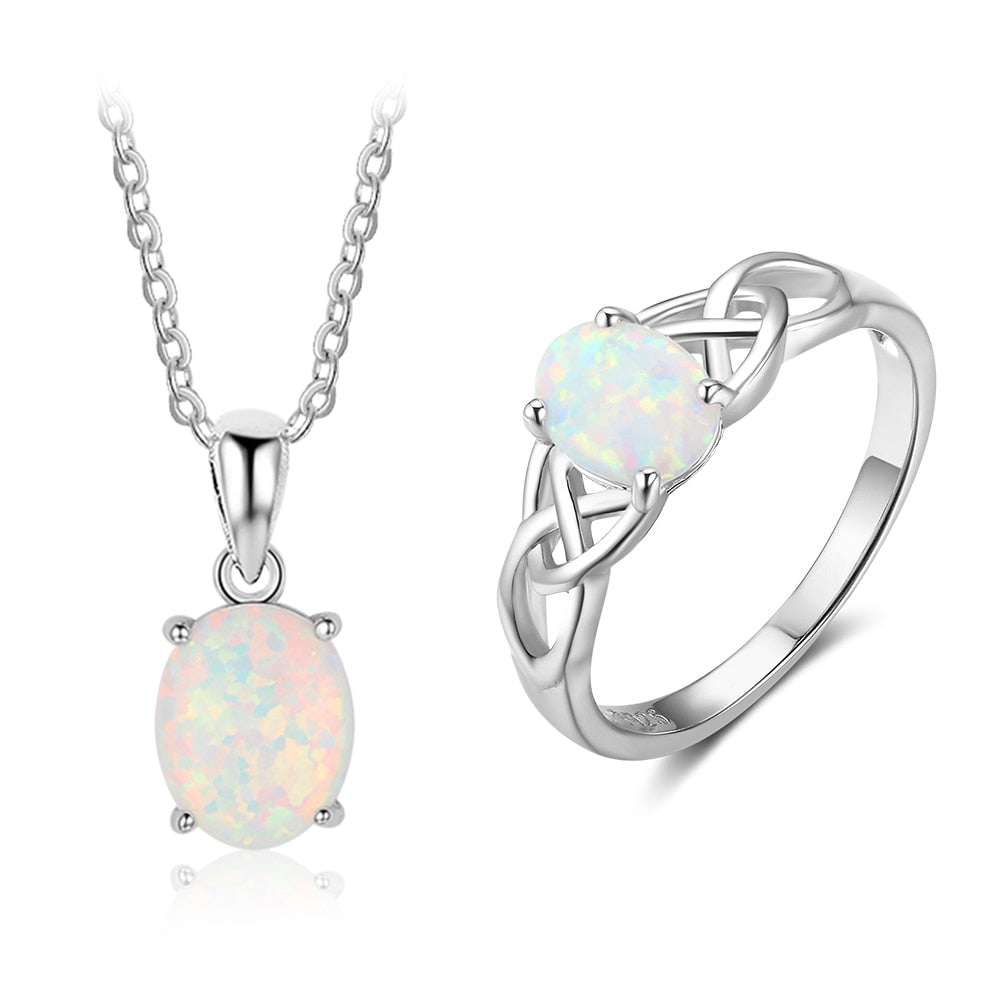 Shiny Jewellery Women's Opal Jewelry Pendant Earrings Ring Necklace Sets Crystal