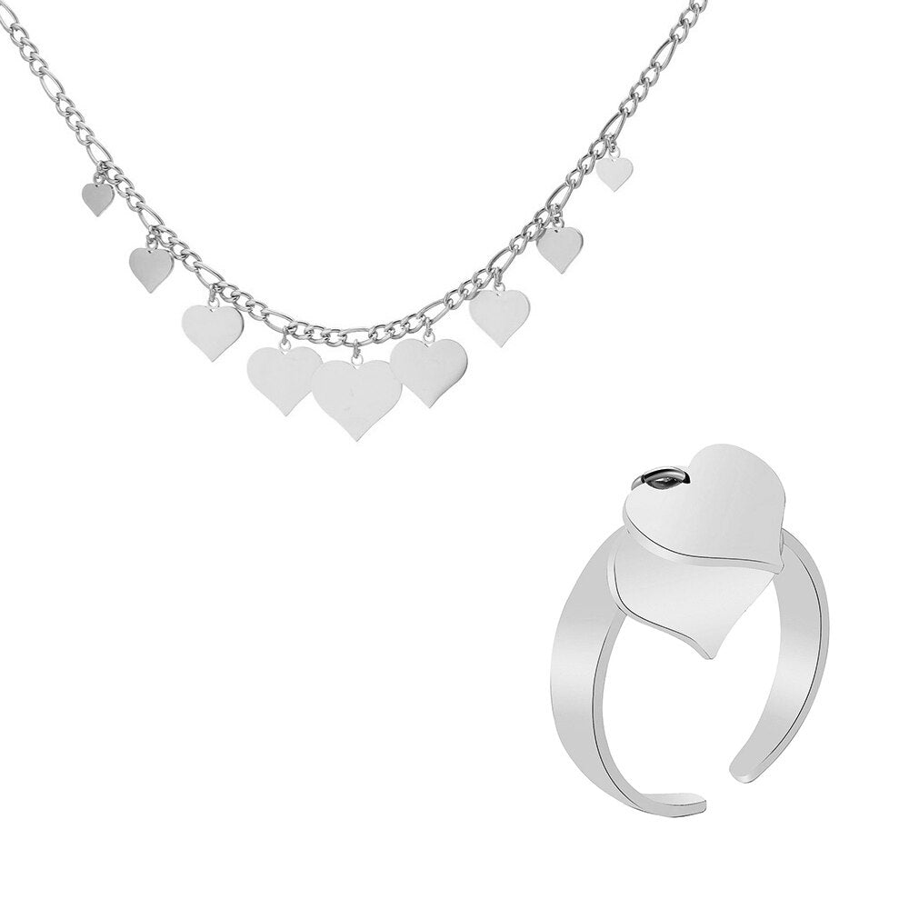 Stainless Steel Jewelry Multi Heart Necklace Sets Earrings Bracelet Ring - Vico Rena
