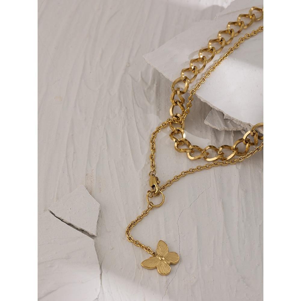 Butterfly Pendant Necklace Trendy Metal Chain Double - Vico Rena