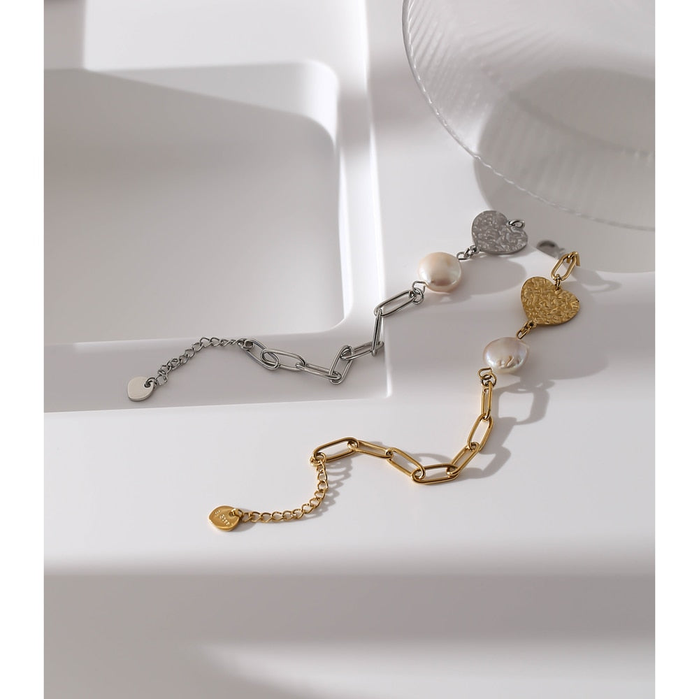 Stylish Natural Pearl Heart Stainless Steel Bracelet - Vico Rena