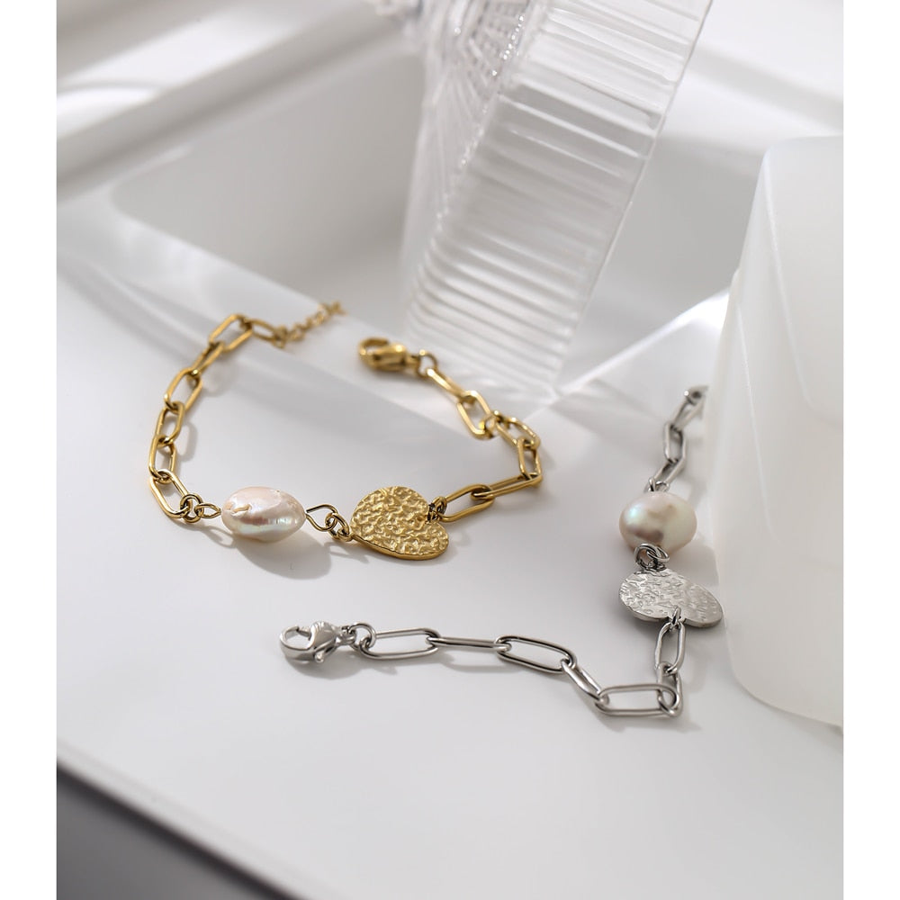 Stylish Natural Pearl Heart Stainless Steel Bracelet - Vico Rena