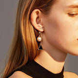 Enamel Black Triangle Drop Earrings Imitation Pearl Chain - Vico Rena