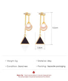Enamel Black Triangle Drop Earrings Imitation Pearl Chain - Vico Rena