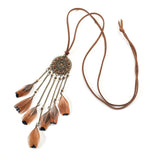 Indian Long Leather Feather Chain Pendant Vintage Sweater Chain Necklace - Vico Rena