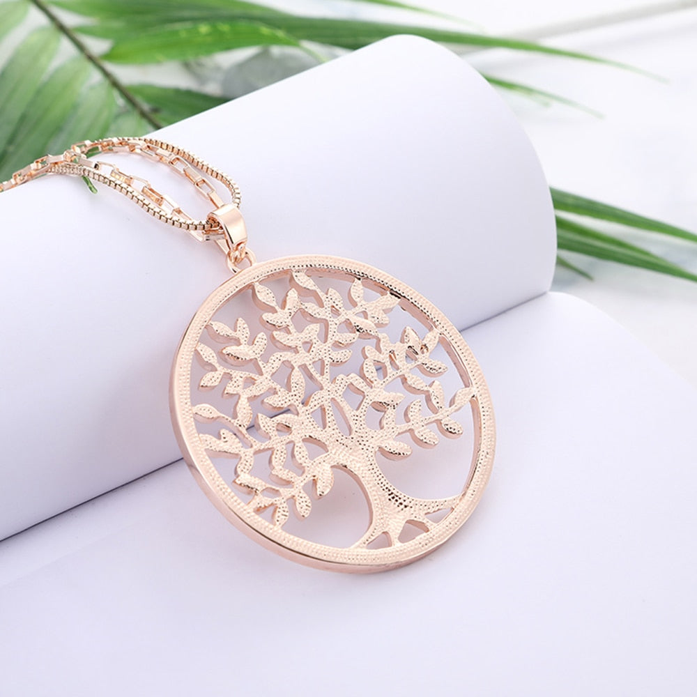 Tree of Life Pendant Necklace Gold Color Round Geometric Double Layer Chain - Vico Rena