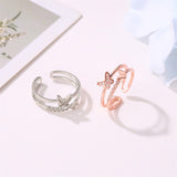 Shiny Jewellery Butterfly Ring Crystal Double Layer Opening Adjustable Ring Jewelry