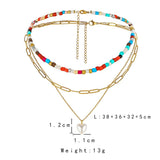 Shiny Jewellery Three-layer Colorbeads Pearl Handmade Alloy Bohemian Necklace