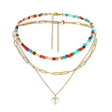 Shiny Jewellery Three-layer Colorbeads Pearl Handmade Alloy Bohemian Necklace