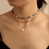 Shiny Jewellery Three-layer Colorbeads Pearl Handmade Alloy Bohemian Necklace