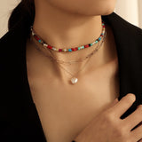 Shiny Jewellery Three-layer Colorbeads Pearl Handmade Alloy Bohemian Necklace