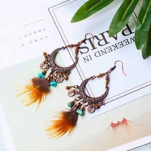 Shiny Jewellery Vintage Ethnic Nature Feather Hanging Dangling Drop Bohemian Earrings Alloy